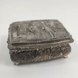 VTG Japanese Silver Trinket Jewelry Ring Box Footed Embossed Metal Lidded Lined